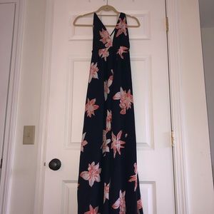 Navy and coral open back maxi dress